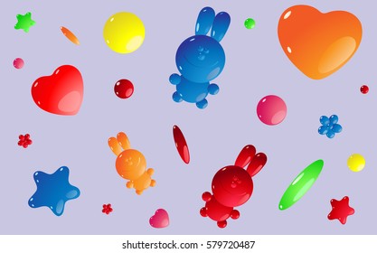 Red, green, yellow, orange with glare and transparency, imitation glass, candy, candy, beads figures in  shape of a heart, stars, balls and bunny cartoon  fly from the bottom up on a gray background