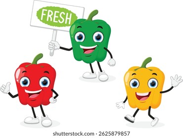 red, green and yellow paprika character with cute expression, funny, isolated on white background, vegetable for mascot
