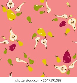 Vermelho, verde e amarelo Pears e Pear Halves Clusters no fundo rosa. Design de padrão contínuo