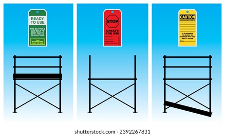 Red, green, and yellow scaffolding safety inspection tag sample application for construction work. Vector illustration.