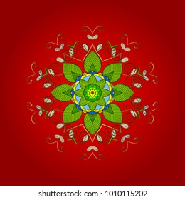 Red, green and yellow snowflakes. Vector sketch. Holiday design for Christmas and New Year fashion prints. Christmas cute background with snowflakes abstract background. Red, green and yellow colors.