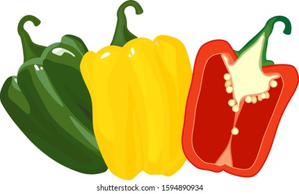 Red, green and yellow sweet peppers isolated on white background