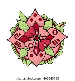 Red and green zentangle flower. Mandala,