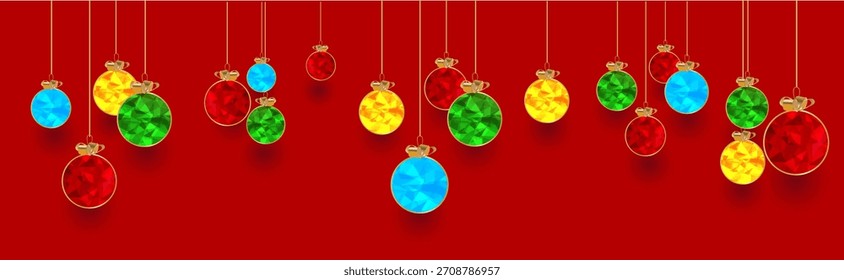 Red Greeting Banner with Low Poly Holiday Ornaments