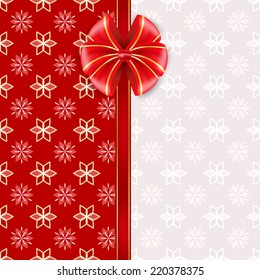 Red greeting card with bow. Vector illustration.