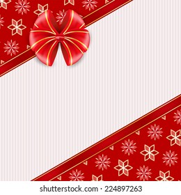 Red greeting card with bow. Vector illustration.