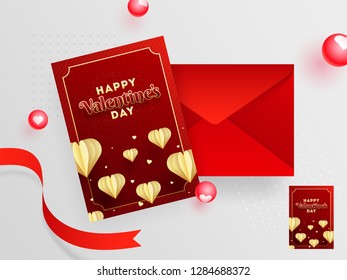 Red greeting card design with envelope for Valrntine's Day celebration on glossy background decorated with pearls and ribbon.