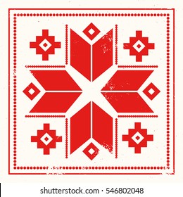 Red greeting card with folk scandinavian and Nordic ornament. Inspired by Norwegian Christmas. Festive winter cards. Happy new year and merry cristmas concept. Grunge old texture. Stylish cards.