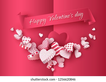 Red greeting card with a garland of 3d hearts, on a ribbon the text Happy Valentine's Day. Festive banner for the day of all lovers. Vector illustration