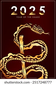 Red greeting card with hand drawn golden snake  coiled around a stick as symbol of 2025 New Year. Invitation poster or placard with Asian reptile snake as Chinese traditional horoscope sign. Christmas