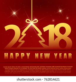 Red Greeting card with a New Year 2018. Beautiful gold numbers with tree.