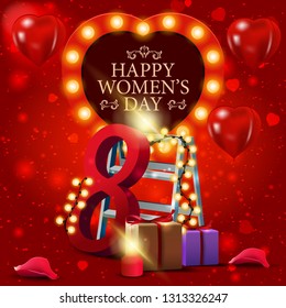 Red greeting card for women's day with balloons in the form of a heart and gifts with gifts and garland