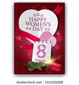 Red greeting postcard for women's day with paper heart with ribbon with rose and calendar