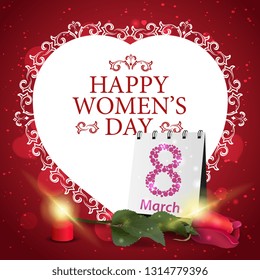Red greeting postcard for women's day with paper heart, rose and calendar