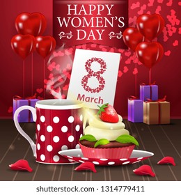 Red greeting postcard for women's day with blloon, gifts and cup of tea with cupcake