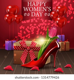 Red greeting postcard for women's day with blloon, gifts and women's Shoe with tulips inside