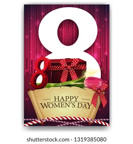 Red greeting postcard for women's day with parchment, gift and Tulip