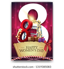 Red greeting postcard for women's day with parchment, gifts and garland