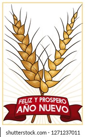 Red greeting ribbon with two wheat ears that symbolize the tradition for prosperity for New Year eve (written in Spanish).