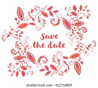 Red greeting or save the date card with floral element and inscription in doodle style. Hand drawn flourish border or frame for banner, calendar, poster, postcard, greeting card. Vector illustration. 