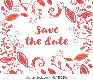 Red greeting or save the date card with floral element and inscription in doodle style. Hand drawn flourish border or frame for banner, calendar, poster, postcard, greeting card. Vector illustration. 