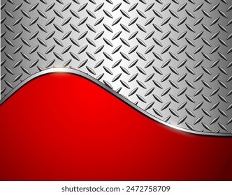 Red and grey background with diamond plate texture pattern, vector illustration.