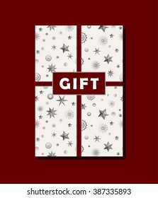 Red, grey and beige vector vintage gift card design with stars and snowflakes background. Vector illustration