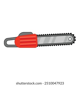 Red and grey cartoon chainsaw lying horizontally with sharp teeth