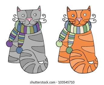 Red and grey cats in scarfs