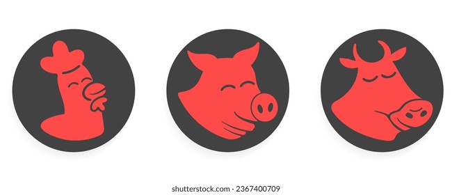 Red and Grey Chicken, Pig and Cow food mascot vector illustration set