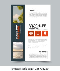 Red and grey flyer design template with built in images. Brochure for business, education, presentation, advertisement. Corporate identity style concept. Editable vector illustration.