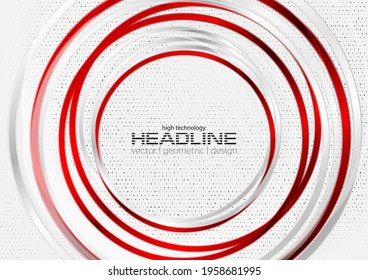 Red and grey glossy circles and dark dots abstract geometric background. Vector technology design