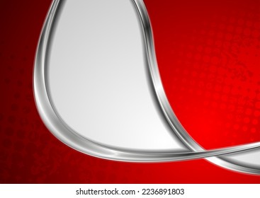 Red and grey grunge halftones background with silver metallic waves. Tech vector design