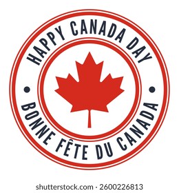 Red and Grey Happy Canada Day isolated stamp, sticker, sign, mark. Canadian Flag Leaf. French and English Language. Vector illustration.