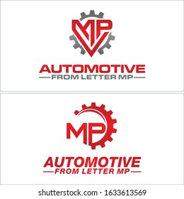 Red grey logo initial MP gear wheel circle line vector combination element design suitable for automotive repair shop service Motorsports industrial workshop