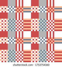 Rot-grauer Druck mit Schachbrettmotiven. Nahtlose Muster, inspiriert von modernem Design. Vorlage für Pflaumen, Hemden, Servietten, Kleider.