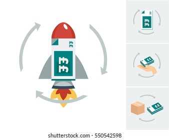 A red and grey rocket ship with a stack of teal green british pound sterling bank notes inside a circle of arrows vector illustration with alternative icons