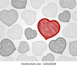 red and grey scribbled hearts. valentine concept.