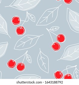 Red grey seamless pattern with line clipart. Cherry berry and foliage vector objects styled as repeating design for wrapping or textile. 