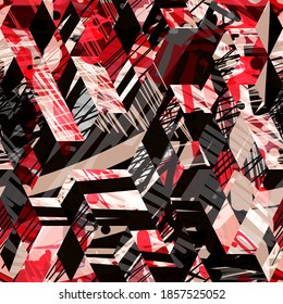 Red and grey seamless texture with strokes and rectangles. Abstract vector background for web page, banners backdrop, fabric, home decor, wrapping