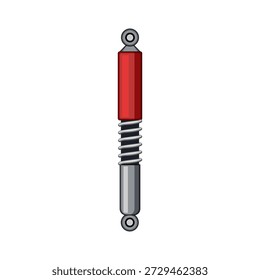 Amortiguador rojo y gris con un muelle helicoidal visible que proporciona amortiguación y amortiguación a la suspensión de un vehículo, aislado sobre fondo blanco
