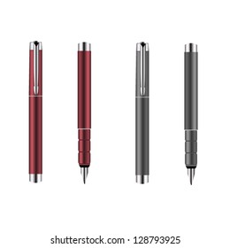 Red and grey silver pens isolated on white background. Closed and open versions. EPS 10 Vector.
