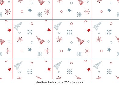 Red grey snowflakes circles stars new year tree seamless vector pattern Wrapping paper Winter holiday mood design Isolated background December mood Christmas time Xmas season Typography Grid