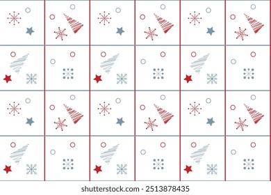 Red grey snowflakes circles stars new year tree seamless vector pattern Wrapping paper Winter holiday mood Classic design Isolated background December Christmas time Xmas season Typography Grid