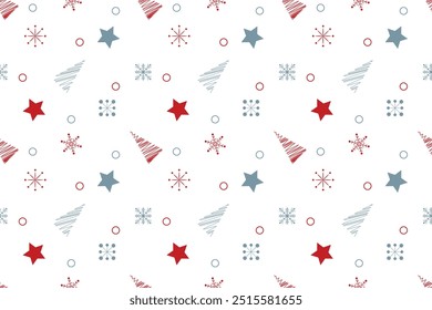 Red grey snowflakes circles stars new year tree seamless vector pattern Wrapping paper Winter holiday mood design Isolated background December mood Christmas time Xmas season Typography