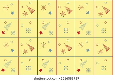 Red grey snowflakes circles stars new year tree seamless vector pattern Wrapping paper Winter holiday mood Classic design Yellow background December Christmas time Xmas season Typography Grid Xmas