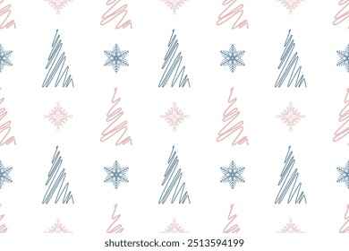 Red grey snowflakes new year tree seamless vector pattern packaging paper Textile Wrapping paper Napkin Winter holiday design Isolated background December mood Christmas time Xmas season Typography