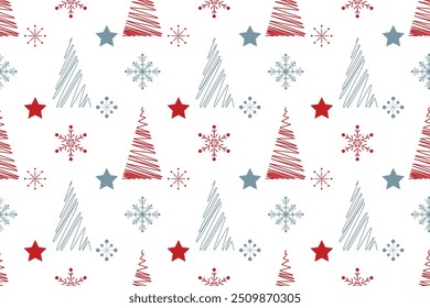 Red grey snowflakes stars new year tree seamless vector pattern packaging paper Textile Wrapping paper Napkin Winter holiday design Isolated background December mood Christmas time Xmas season