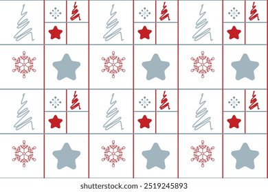 Red grey snowflakes stars tree lines seamless vector pattern packaging paper Textile design wrapping paper Typography Winter holiday Isolated background December mood New Year Christmas Xmas season