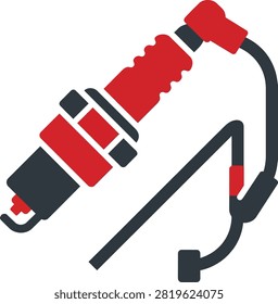 Red and grey spark plug with ignition wire vector icon for automotive engine maintenance and mechanical repair.